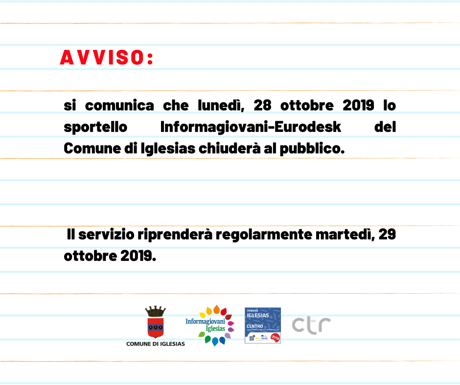 Avviso: chiusura al pubblico dello sportello Informagiovani-Eurodesk prevista per lunedì, 28 ottobre