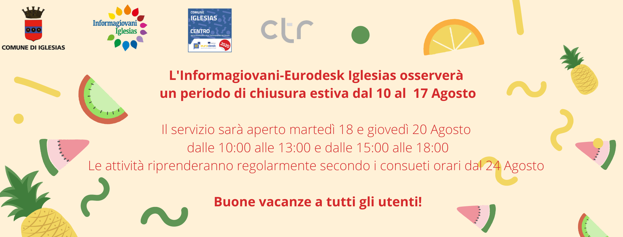 Chiusura ufficio Informagiovani-Eurodesk dal 10 al 17 Agosto