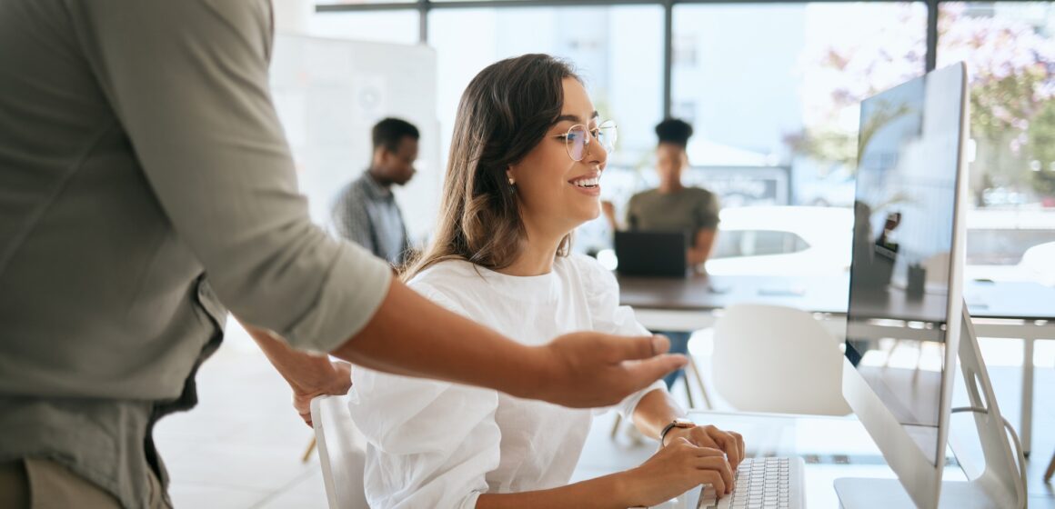Employees working, collaboration and strategy on computer, software technology and planning in mode
