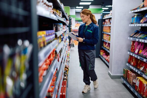 Supermarket manager checking stock of products while working at the store.