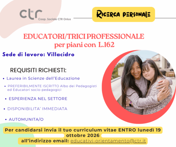 4 OFFERTA LAVORO: Educatori/trici per piani con L.162